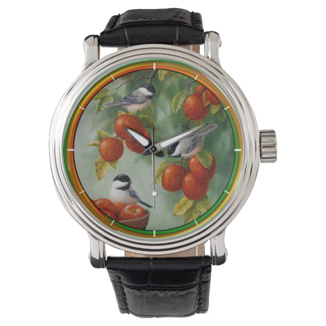 Chickadee Birds Apple Harvest Armbanduhr (Vorderseite)