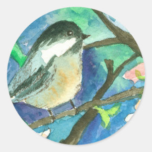 Chickadee Birds Bäume Branches Aquarellmalerei Runder Aufkleber