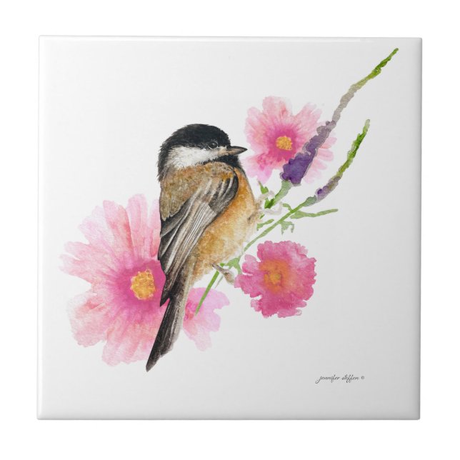 Chickadee Black Capped Blume Kunst, Dichtung und M Fliese (Vorderseite)