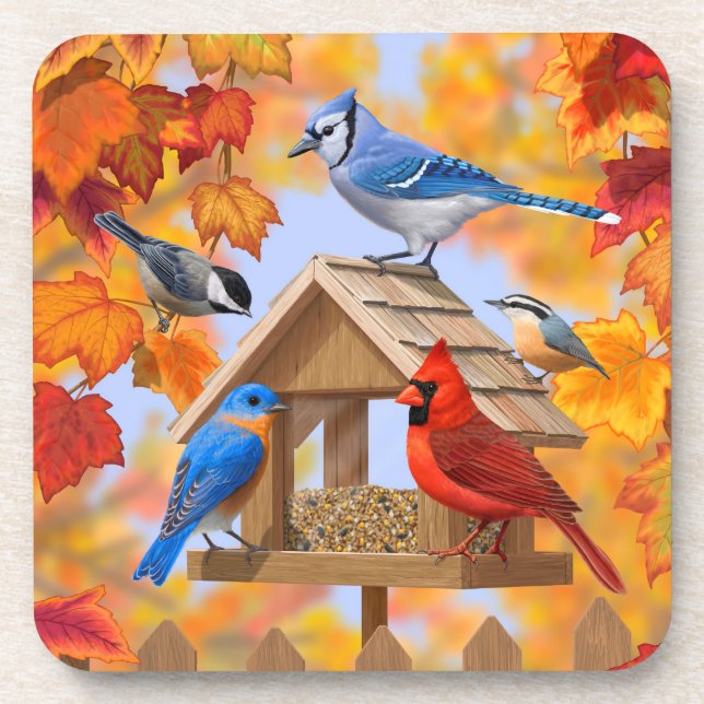Chickadee Bluebird Kardinal Blue Jay Herbstleaves Getränkeuntersetzer (Vorderseite)