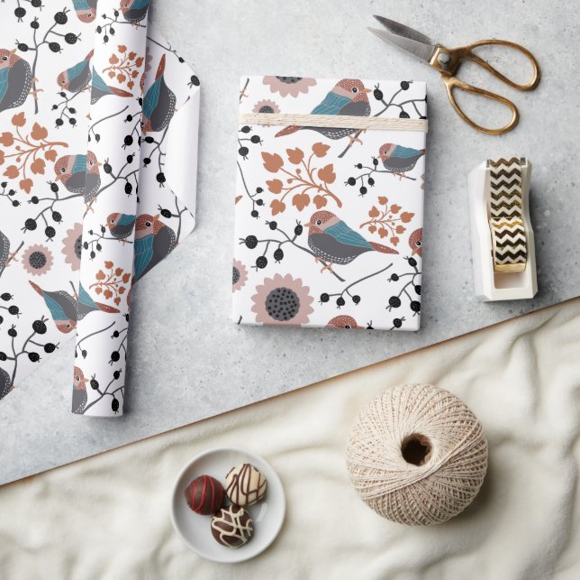 Chickadee Blumenmuster Mauve Blue Pink Geschenkpapier (Kunsthandwerk)