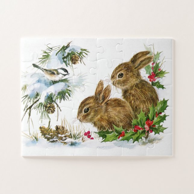 Chickadee Bunnies Holly WeihnachtsWeihnachtsfeiern Puzzle (Horizontal)