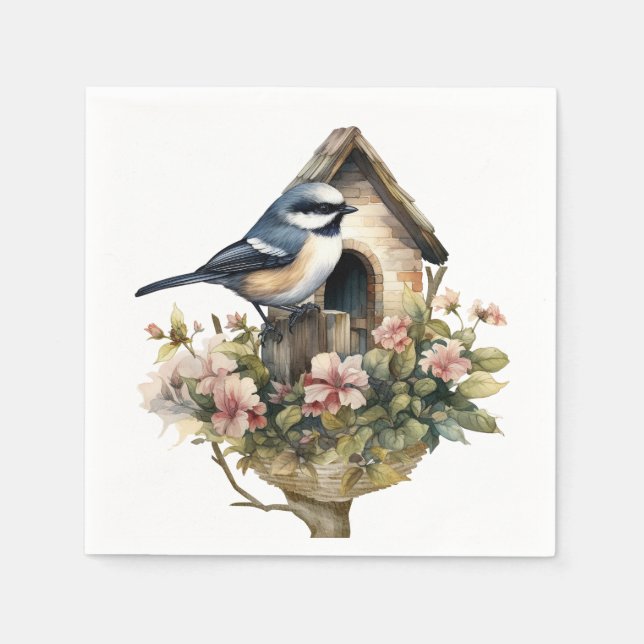 Chickadee Floral Paper Napkin Serviette (Vorderseite)