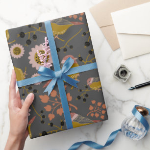 Chickadee Gold Pink Black Berries Blume Muster Geschenkpapier
