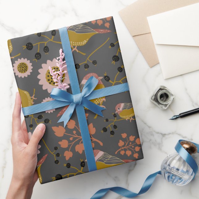 Chickadee Gold Pink Black Berries Blume Muster Geschenkpapier (Schenken)
