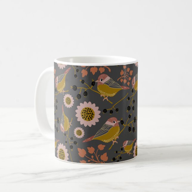 Chickadee Gold Pink Black Berries Blume Muster Kaffeetasse (Vorderseite Links)