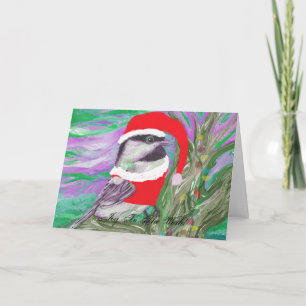 Chickadee in einem Baum als Santa verkleidet Feiertagskarte