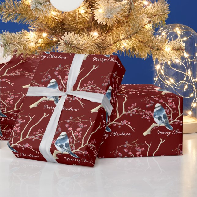 Chickadee in Weihnachtsberries Geschenkpapier (Feiertage)