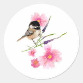 Chickadee mit Blume Runder Aufkleber