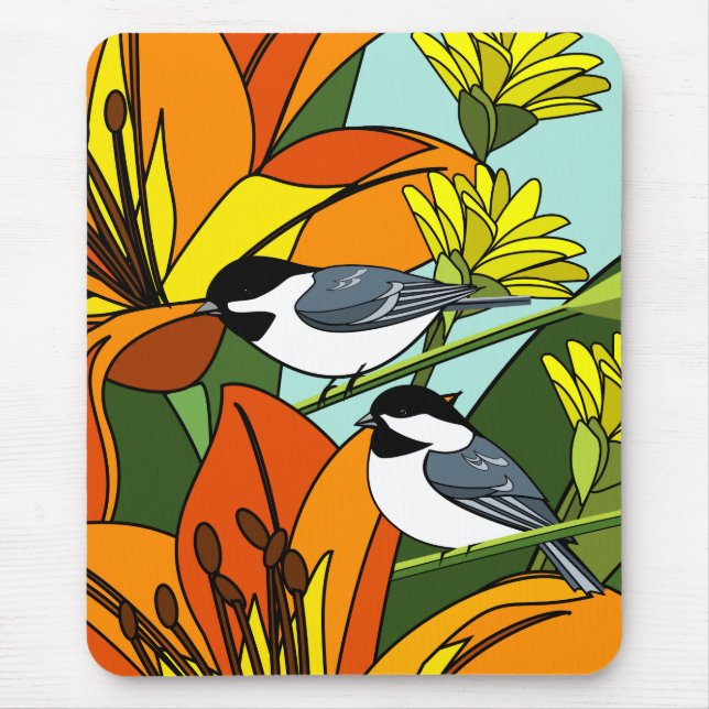 Chickadee mit Blumendruck Mousepad (Vorne)