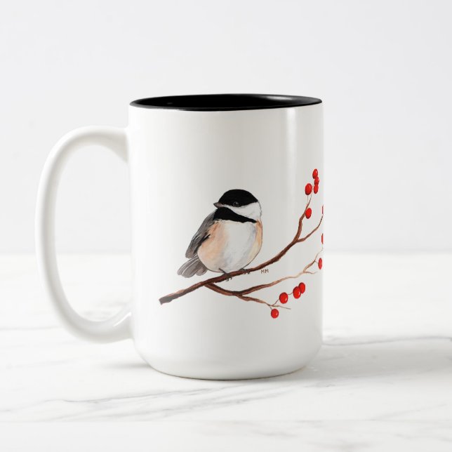 Chickadee mit roten Beeren - Single-Niederlassung Zweifarbige Tasse (Links)