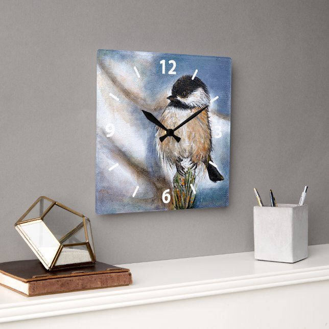 Chickadee Niedliche Wintermalerei Quadratische Wanduhr (Chickadee Cute Winter Painting Square Wall Clock from Jenn's Emporium. )