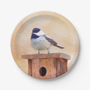 Chickadee on Birdhouse Painting Original Bird Art Pappteller