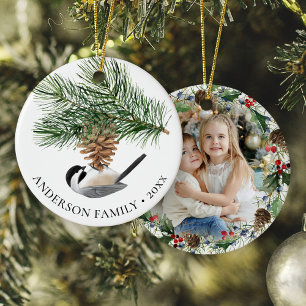 Chickadee on Pine Sprig Christmas Photo Wreath Keramik Ornament