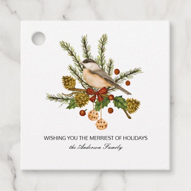 Chickadee Pine Branch Holly Weihnachtsgeschenk Geschenkanhänger (Vorderseite)