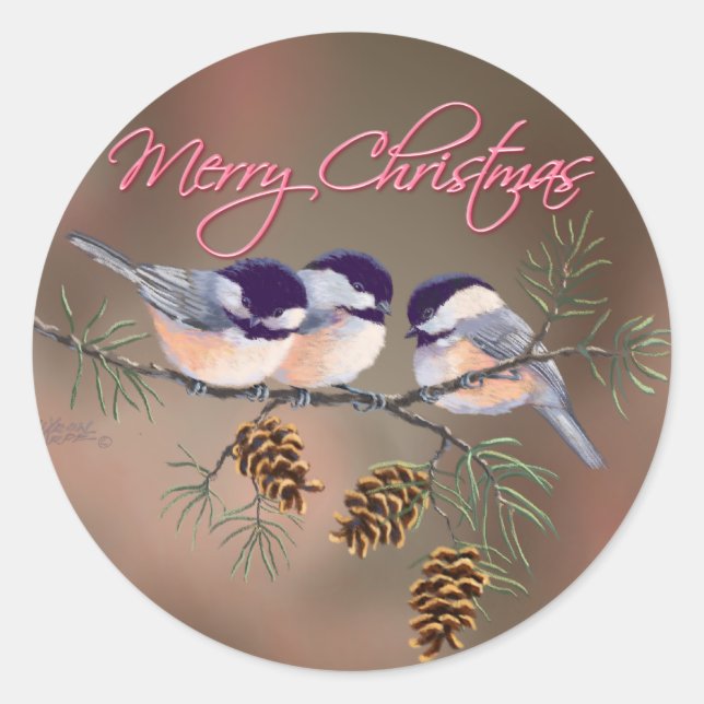 CHICKADEE, PINECONES & TEXT VON SHARON SHARPE RUNDER AUFKLEBER (Vorderseite)