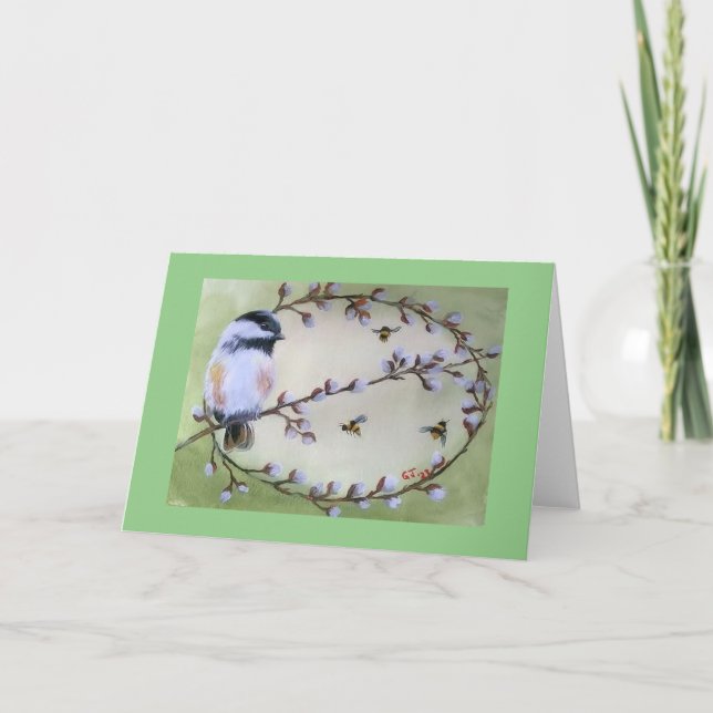 Chickadee, Pussy Willow Falded Announcement Card Ankündigung (Vorderseite)