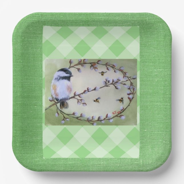 Chickadee Pussy Willows Bees Pappteller (Vorderseite)