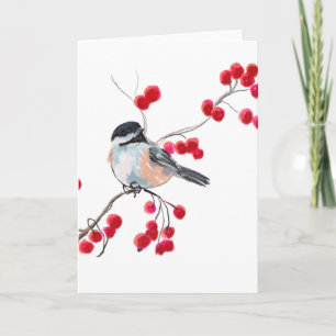 CHICKADEE & RED BERRIES VON SHARON SHARPE FEIERTAGSKARTE