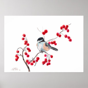 CHICKADEE & RED BERRIES VON SHARON SHARPE POSTER