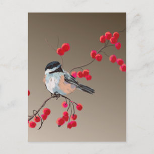 CHICKADEE & RED BERRIES VON SHARON SHARPE POSTKARTE