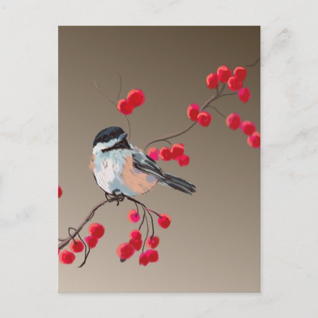 CHICKADEE & RED BERRIES VON SHARON SHARPE POSTKARTE (Vorderseite)