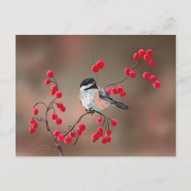 CHICKADEE & RED BERRIES VON SHARON SHARPE POSTKARTE (Vorderseite)