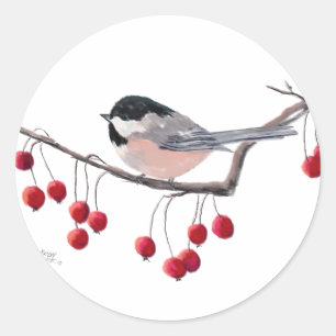 CHICKADEE & RED BERRIES VON SHARON SHARPE RUNDER AUFKLEBER