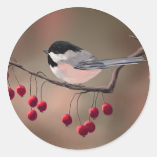 CHICKADEE & RED BERRIES VON SHARON SHARPE RUNDER AUFKLEBER