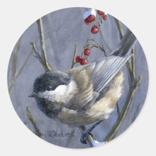 Chickadee-u. Beeren-Winter-Schnee Runder Aufkleber