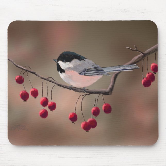 CHICKADEE u. ROTE BEEREN durch SHARON SHARPE Mousepad (Vorne)