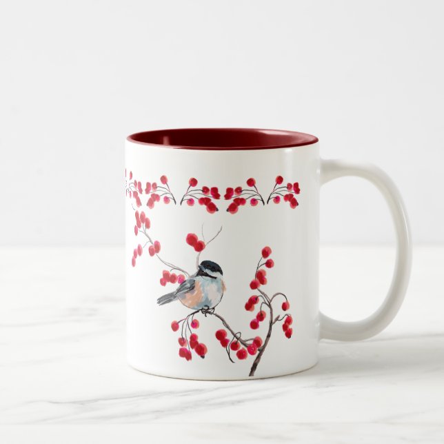CHICKADEE u. ROTE BEEREN durch SHARON SHARPE Zweifarbige Tasse (Rechts)
