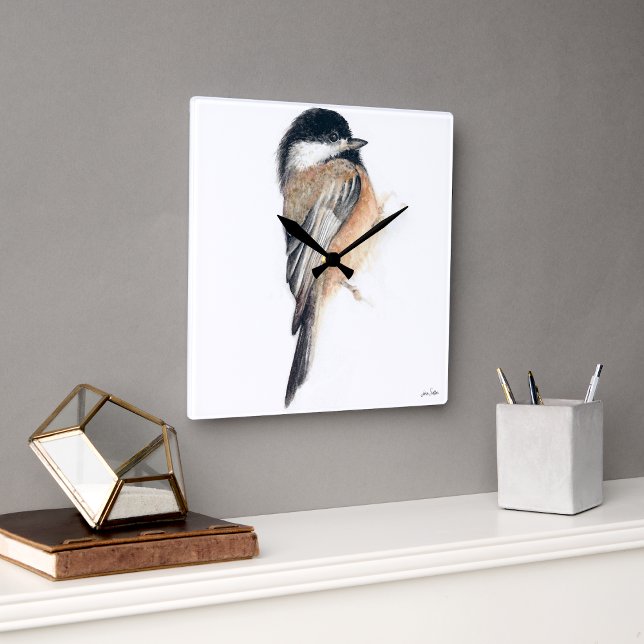 Chickadee Uhr Watercolor Square (Chickadee Watercolor Square Wall Clock from Jenn's Emporium. )