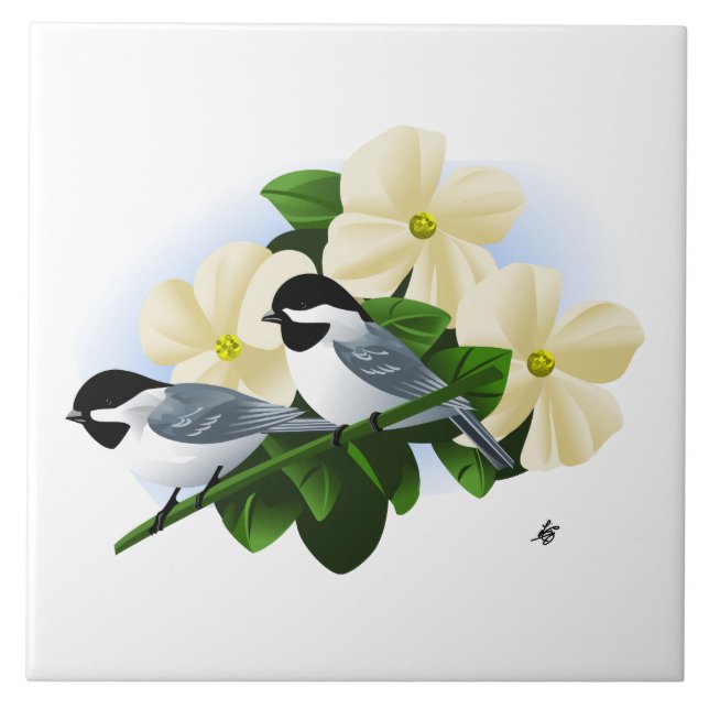 Chickadee und Blume Tiles Fliese (Vorderseite)