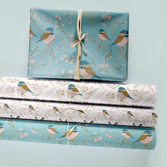 Chickadee und Blumendekoupage Geschenkpapier Set (Chickadee Hearts Flowers Blue Gold Pink Wrapping Paper Sheets from Studio Posies.)