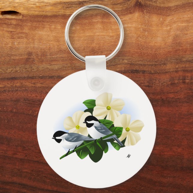 Chickadee und Dogwood-Blume Schlüsselanhänger (Vorderseite)