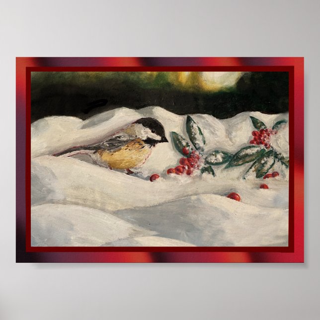 Chickadee und Mistletoe am Weihnachtsschnee Poster (Vorne)