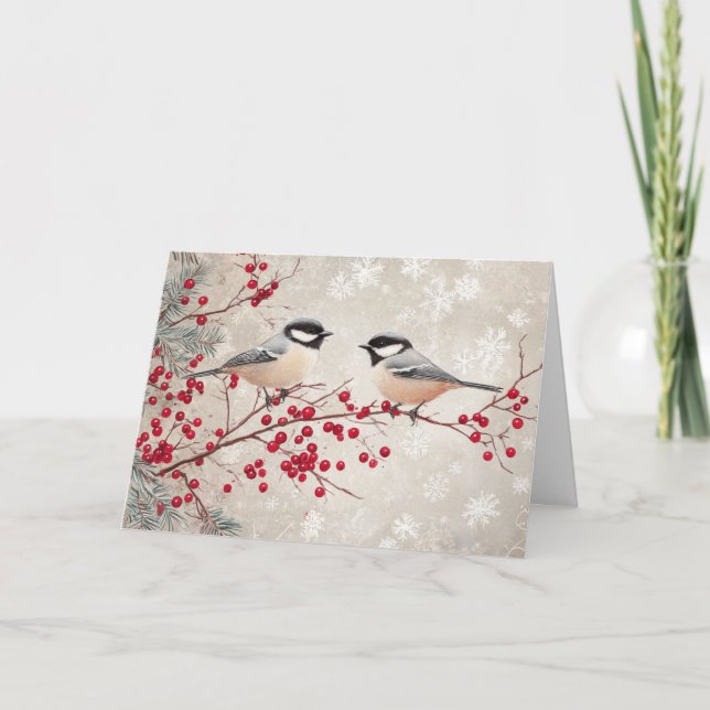 Chickadee und Rote Berries mit Schneeflocken Karte (Vorderseite)