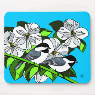 Chickadee unter Dogwood-Blume Mousepad