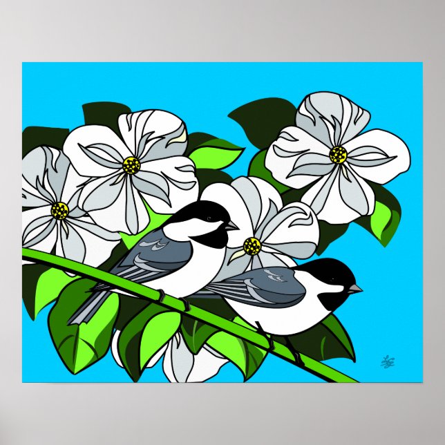 Chickadee unter Dogwood-Blume Poster (Vorne)