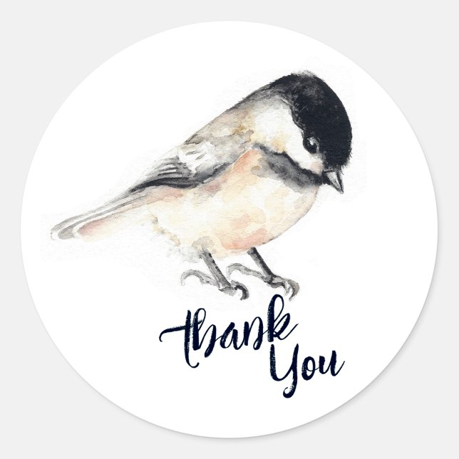 Chickadee Vielen Dank Runder Aufkleber (Chickadee Watercolor Art round sticker from Jenn's Emporium. )