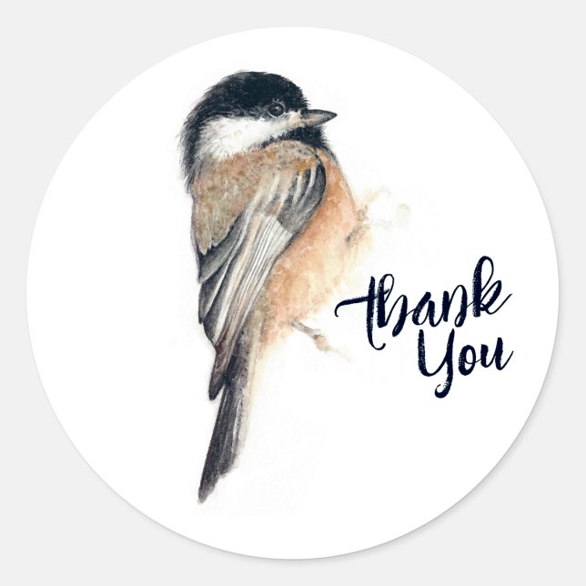 Chickadee Vielen Dank Runder Aufkleber (Chickadee Thank You Classic Round Sticker from Jenn's Emporium. )