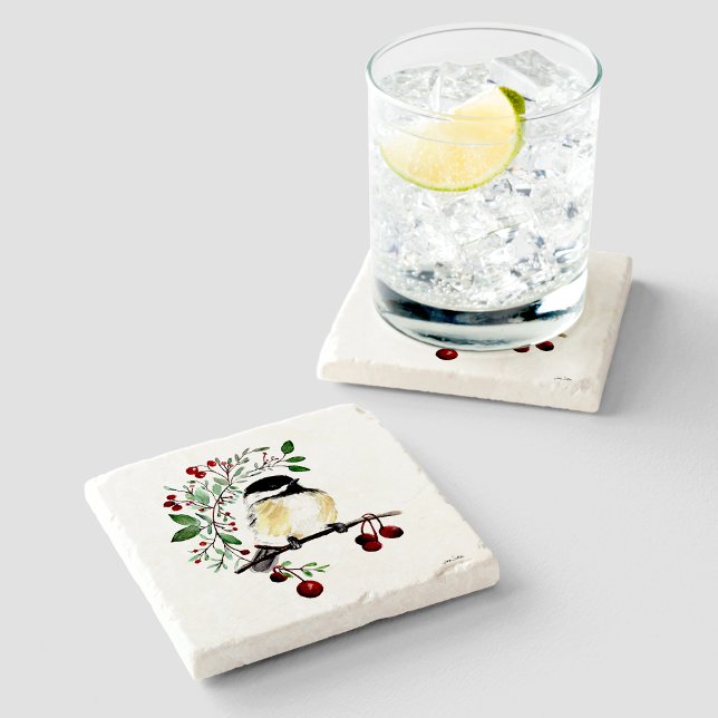 Chickadee Watercolor Art Steinuntersetzer (Chickadee Watercolor Art Stone Coaster from Jenn's Emporium. )