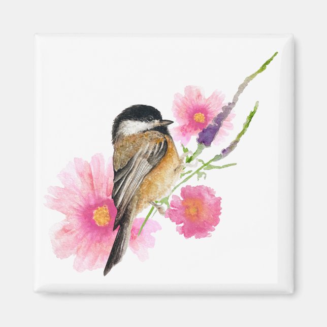 Chickadee Watercolor Bird Blume Magnet (Vorne)