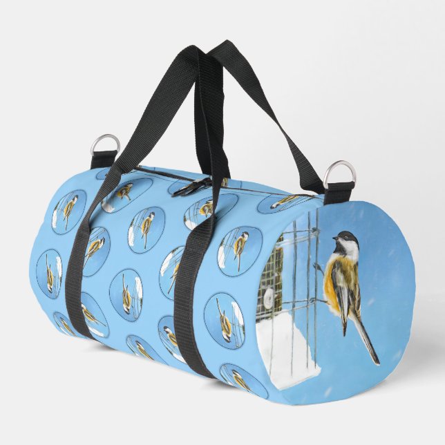 Chickadee Winter Feeder Malerei Original Vogelkuns Duffle Bag (Linke Seite)