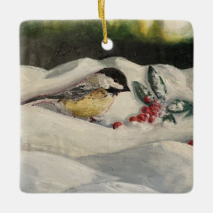 Chickadee zum Winterschnee mit MistleToe Keramikornament