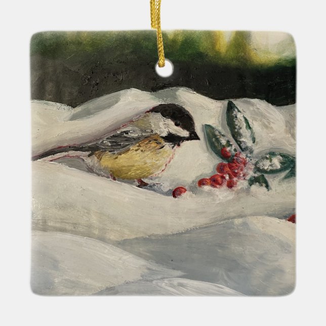 Chickadee zum Winterschnee mit MistleToe Keramikornament (Vorderseite)