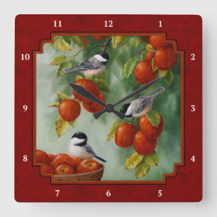 Chickadees Apple Harvest Red Quadratische Wanduhr