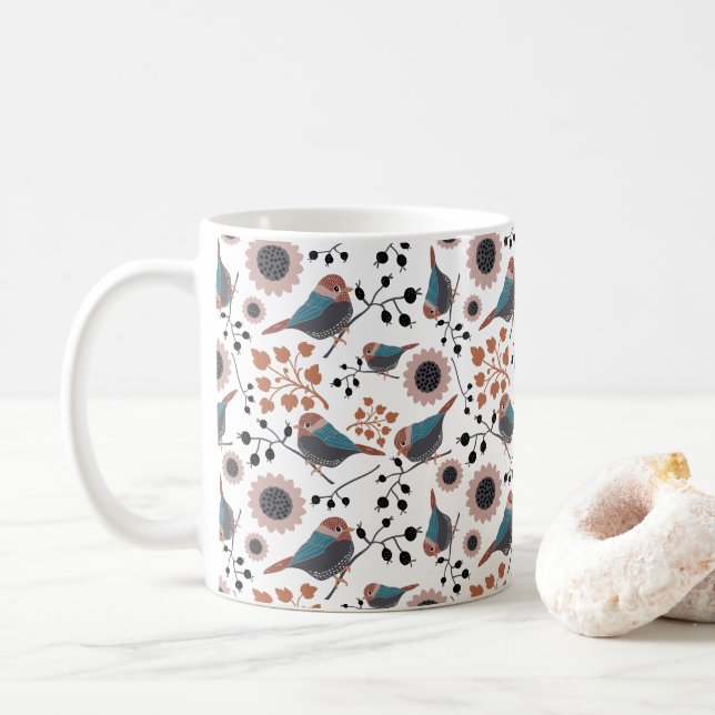 Chickadees Berries Blume Rosa Blauer Rost Kaffeetasse (Mit Donut)