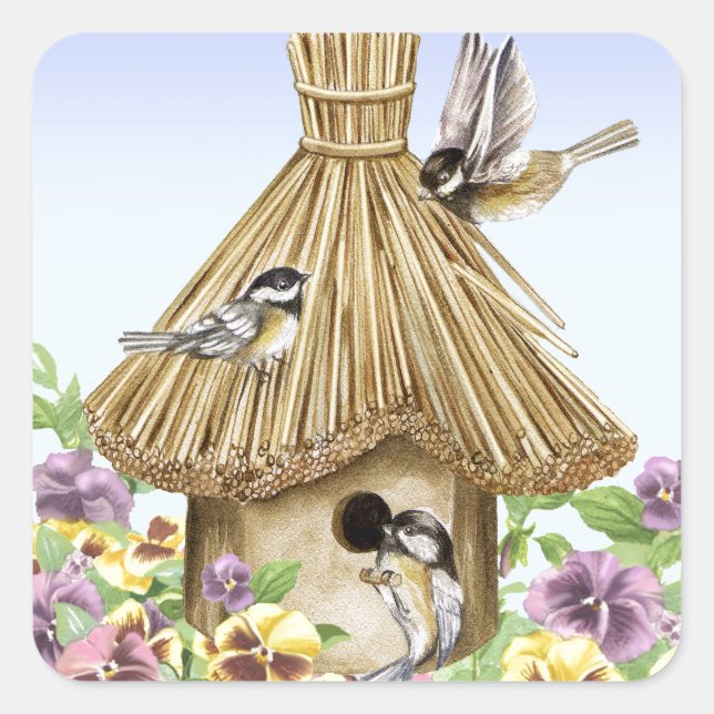 Chickadees Birdhouse Quadratischer Aufkleber (Vorderseite)